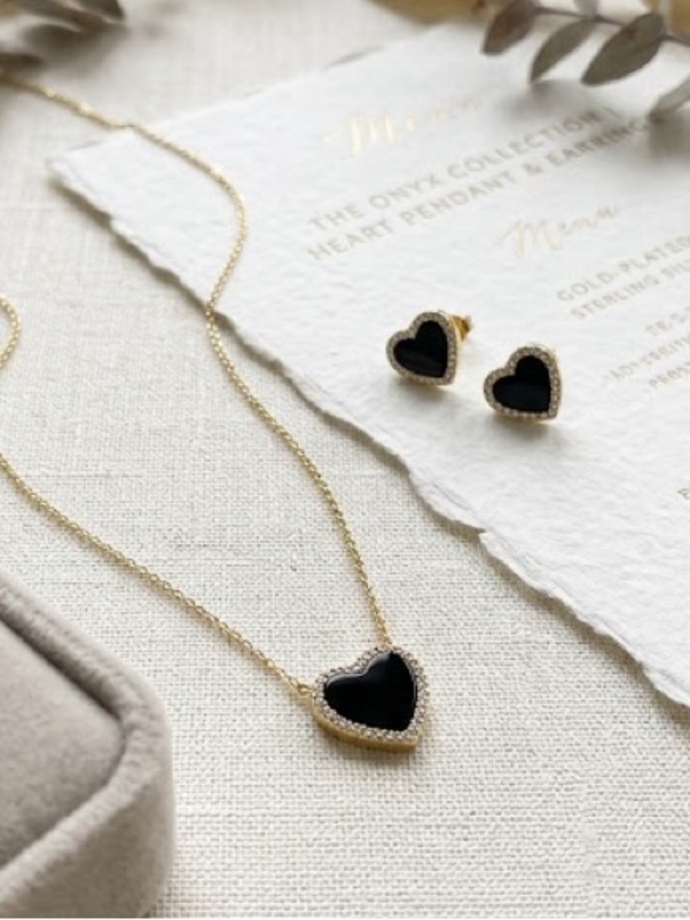 Gold Heart Necklace and Stud Earrings Set - Black Heart Accent